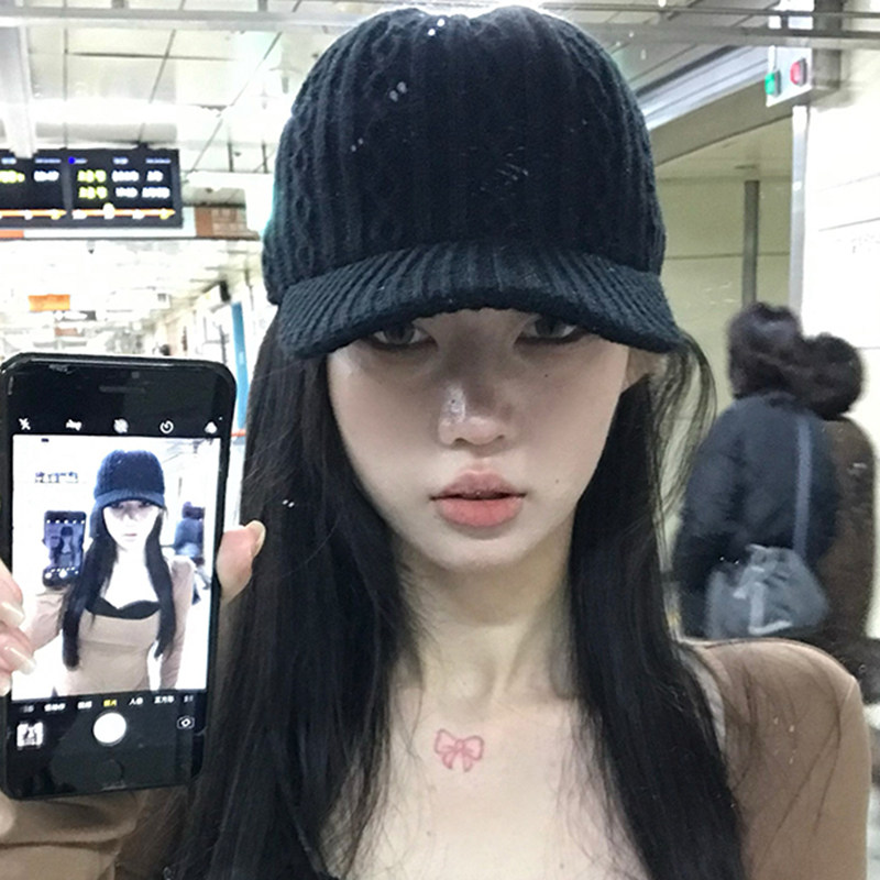 韩国简约针织绞花鸭舌帽子女款秋冬新款百搭宽檐显脸小休闲棒球帽