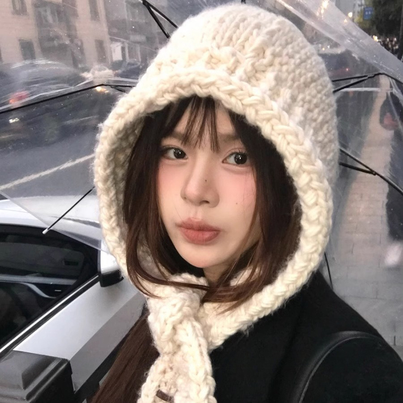 韩版纯色手工针织帽子女简约百搭显脸小防寒保暖时尚巴拉克拉法帽