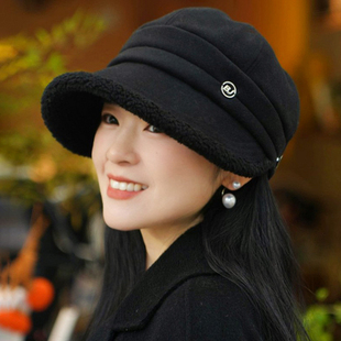 韩系黑色加厚鸭舌帽子女士冬季保暖大头围显脸小渔夫帽百搭马术帽