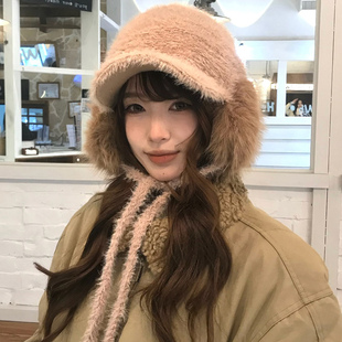 韩系氛围感出游毛绒护耳帽子女款冬季保暖防寒大头围雷锋帽鸭舌帽