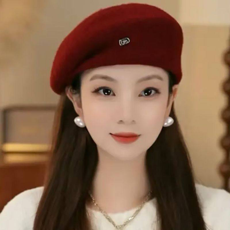 韩版气质保暖红色贝雷帽子女时尚