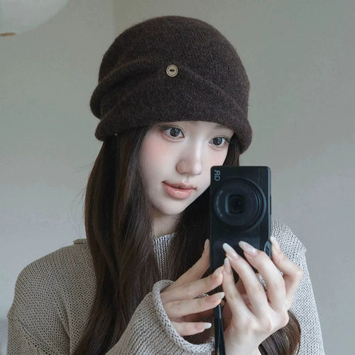 美拉德棕木扣堆堆帽女秋冬保暖