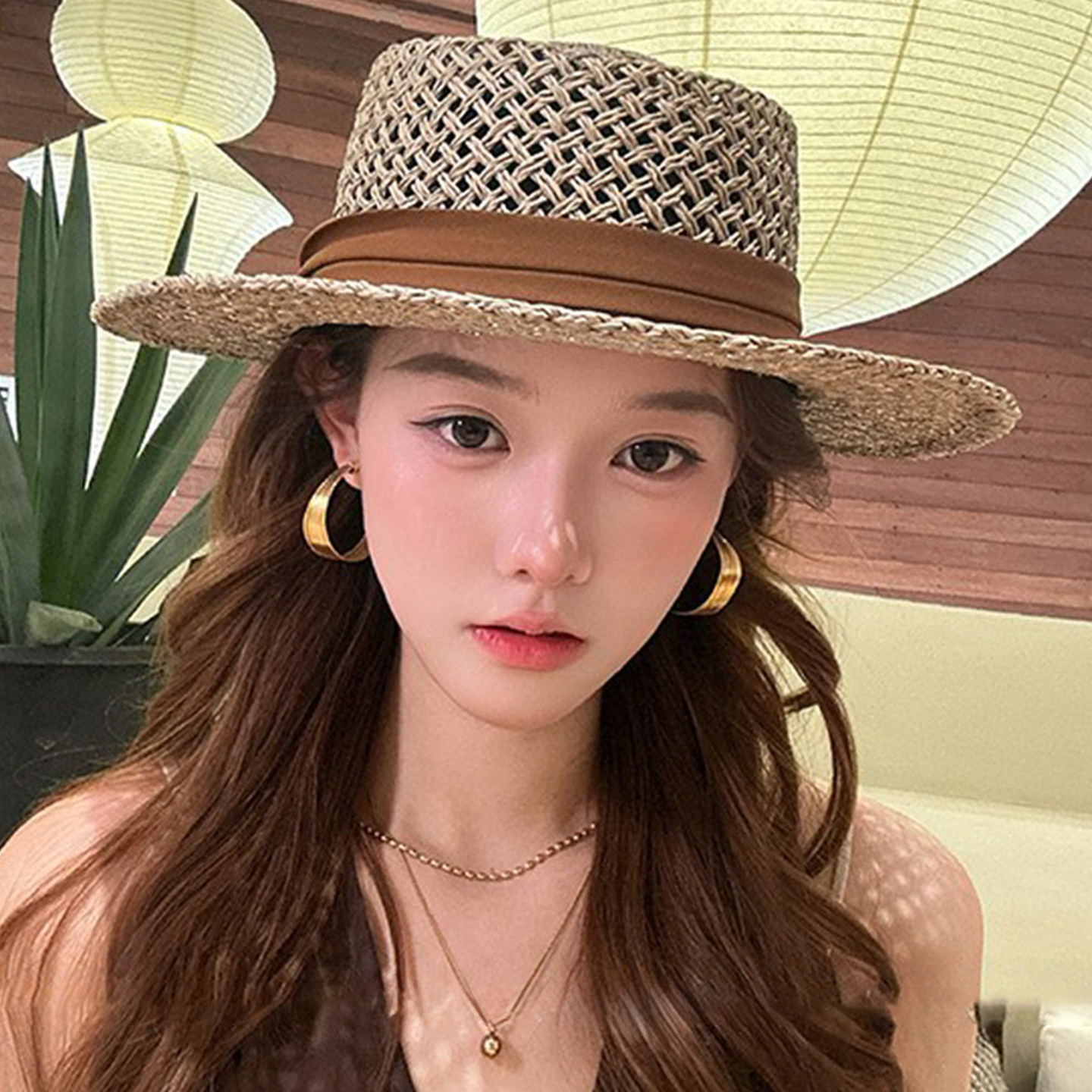 夏季海边沙滩镂空透气草帽女款