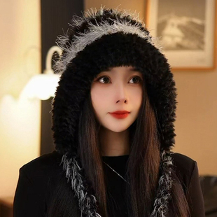 韩系黑色毛绒包头帽子女士冬季加厚保暖护耳帽百搭大头围套头帽潮