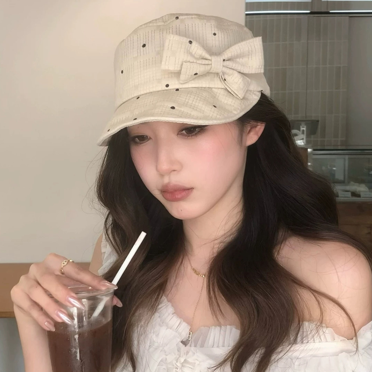 夏季显脸小防晒波点蝴蝶结报童帽
