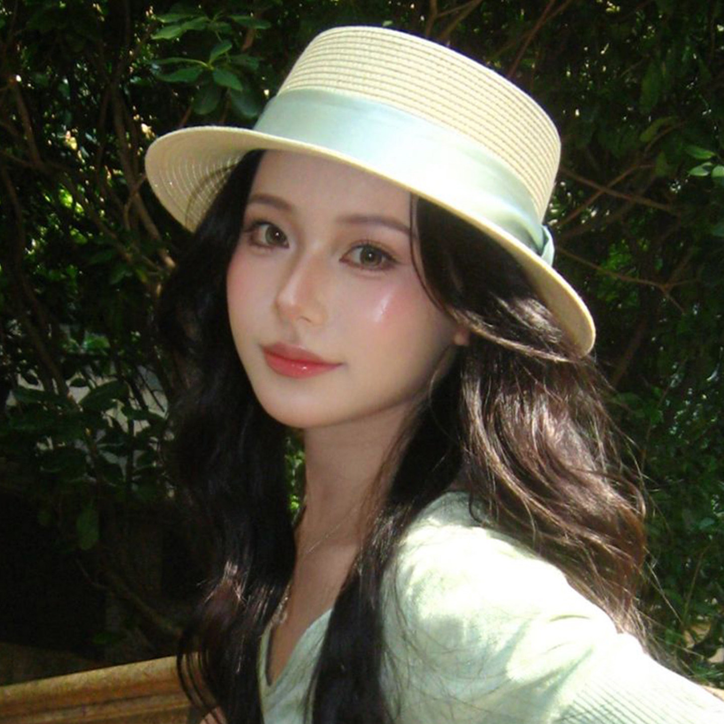 法式赫本风缎带平顶防晒草帽女