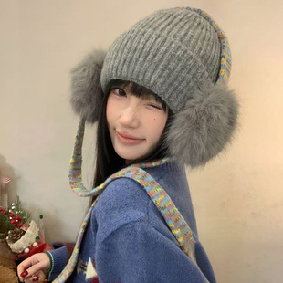 韩版系带针织帽子女冬季护耳保暖防风大头围显脸小包头帽毛线帽潮