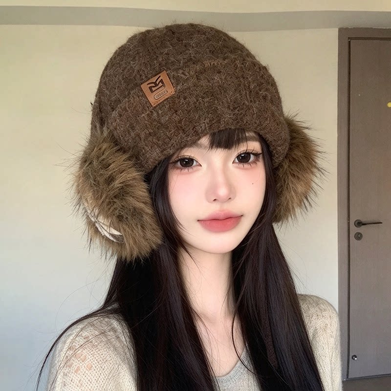 日系复古毛绒护耳针织帽女保暖