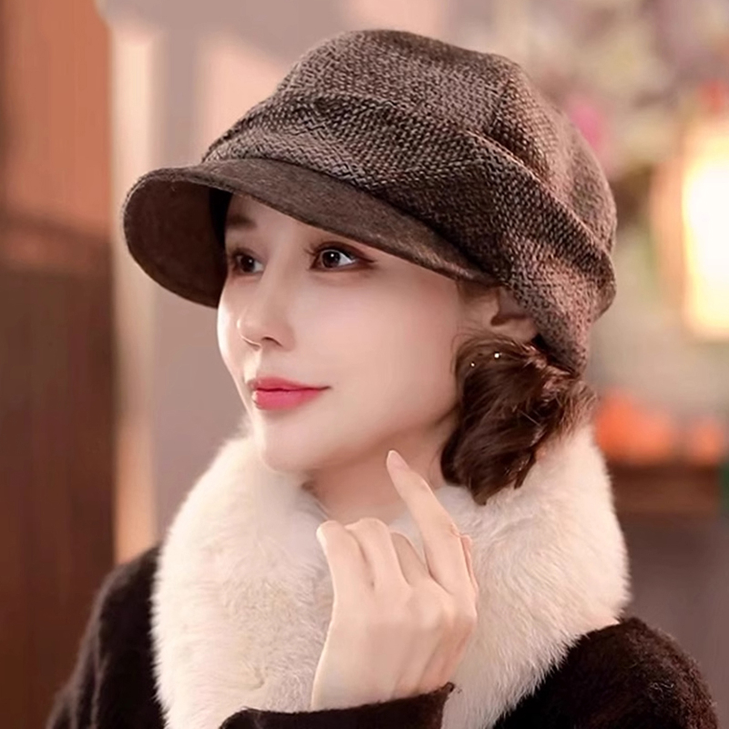 日系复古格纹贝雷帽子女士秋冬季