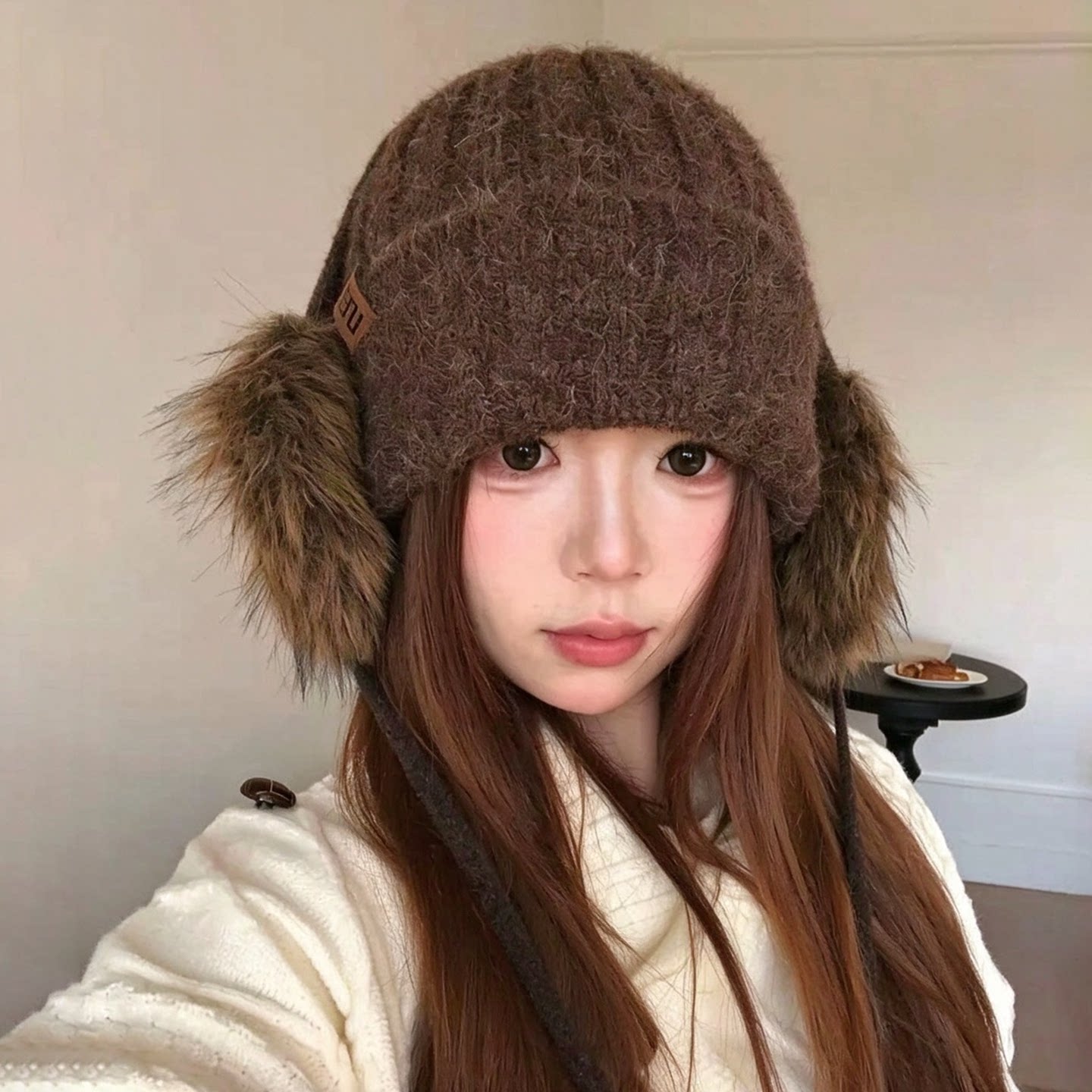 冬季女款可拆耳罩加厚针织帽