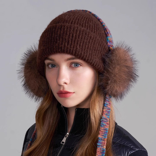 出口韩国缎染系带护耳罩针织帽子女冬季大头围保暖防寒户外毛线帽