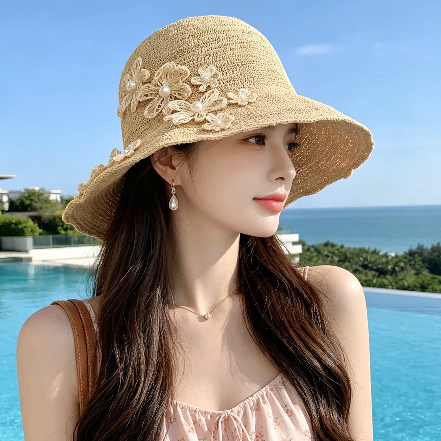 日本手工拉菲草宽檐防晒渔夫帽女