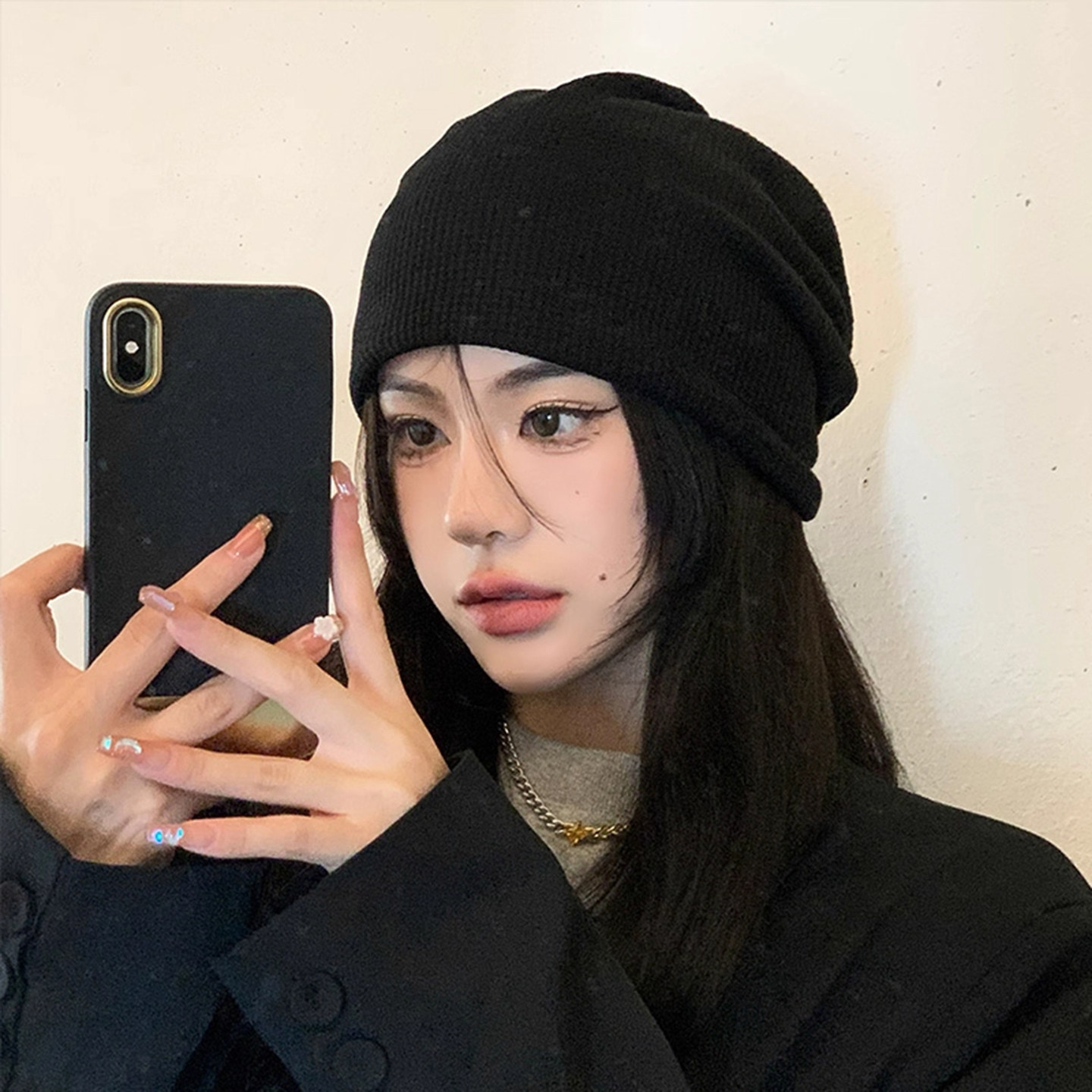 韩国黑色简约针织冷帽子女款2025新款秋冬百搭堆堆帽氛围感包头帽