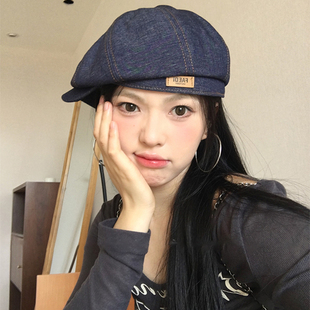 秋季水洗反戴牛仔前进帽子女日系复古显脸小报童帽百搭休闲贝雷帽