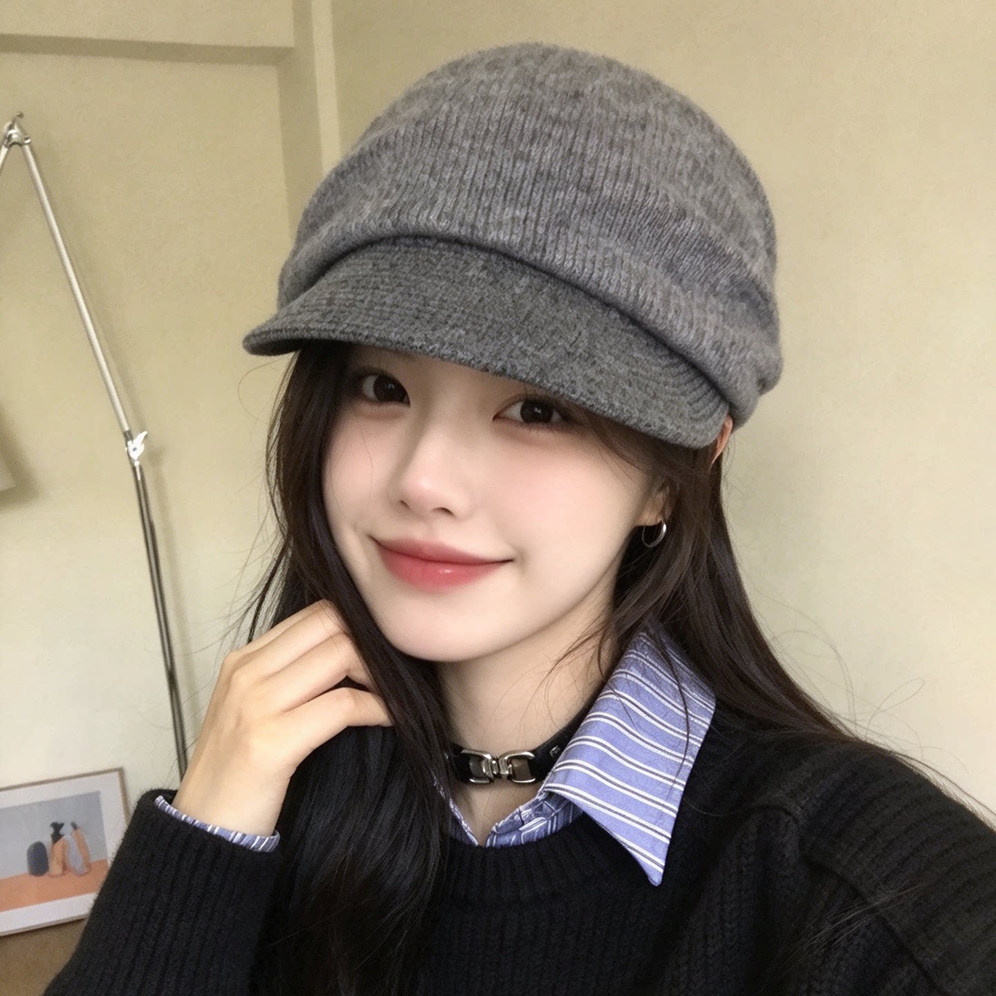 秋冬针织复古显脸小报童帽女款