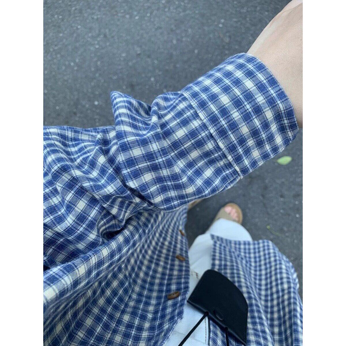 复古小众蓝色长袖格子衬
