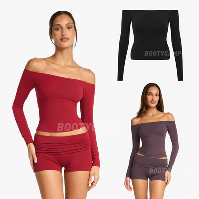 升级*csb一字肩长袖y标带胸垫