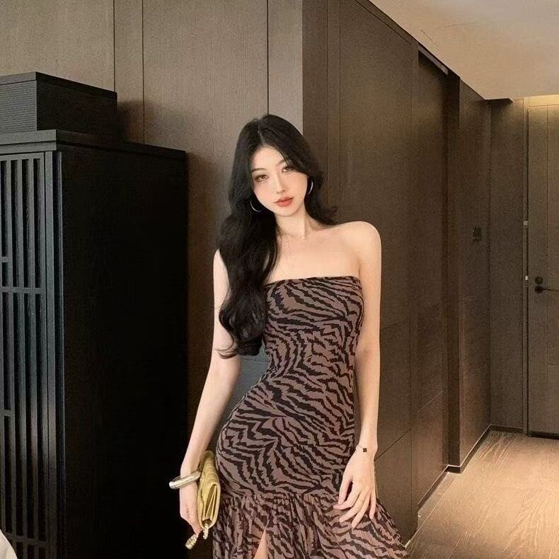 性感辣妹抹胸豹纹连衣裙夏季新款时尚印花拼接开叉收腰紧身包臂裙