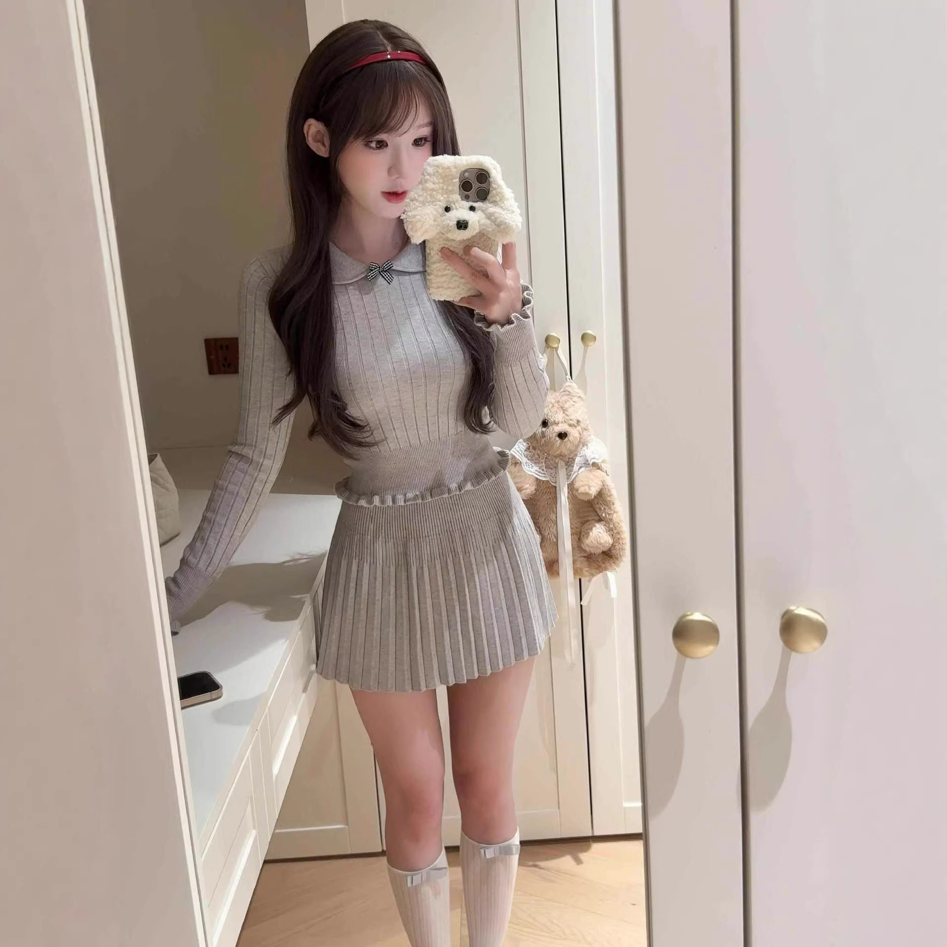 卫衣女款2026新款韩系时尚chic学院风套装减龄针织上衣高腰百褶