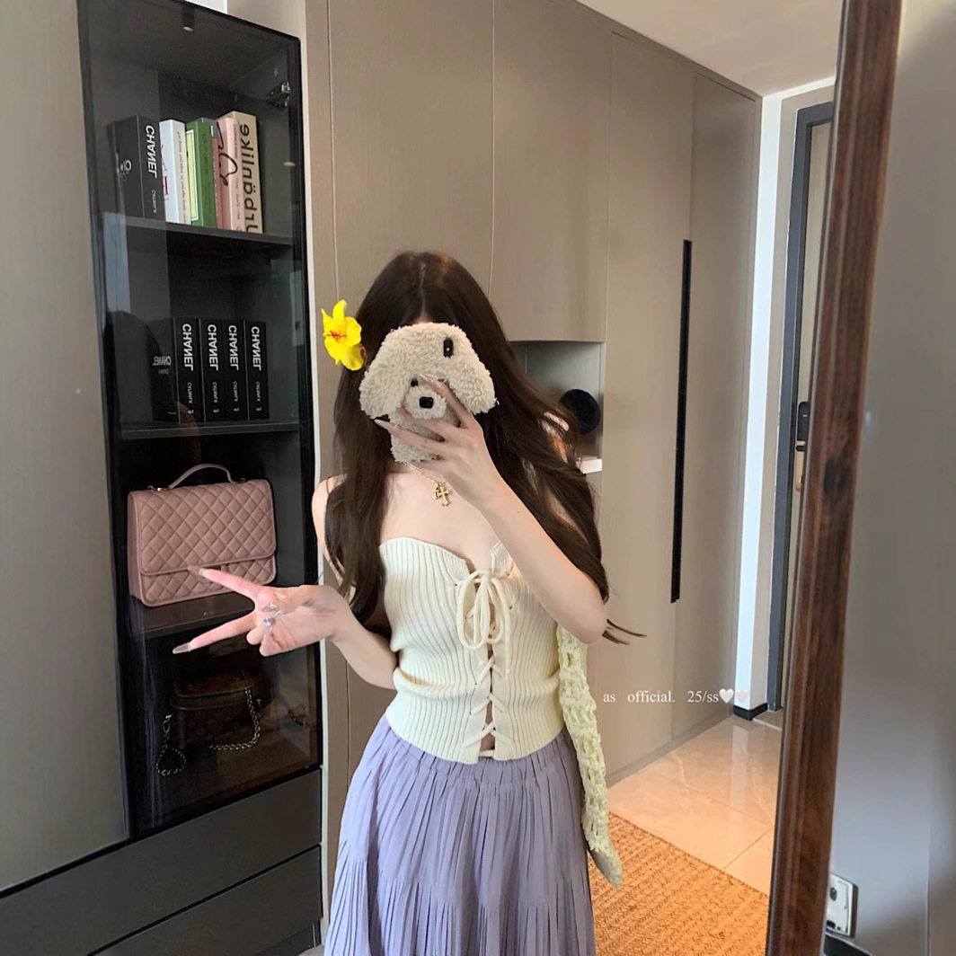 性感辣妹杏色绑带针织抹胸背心女夏季内搭裹胸设计感美背打底上衣
