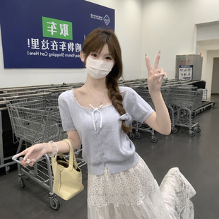甜美蝴蝶结方领蕾丝拼接针织短袖 小个子上衣 t恤女夏季 设计感修身