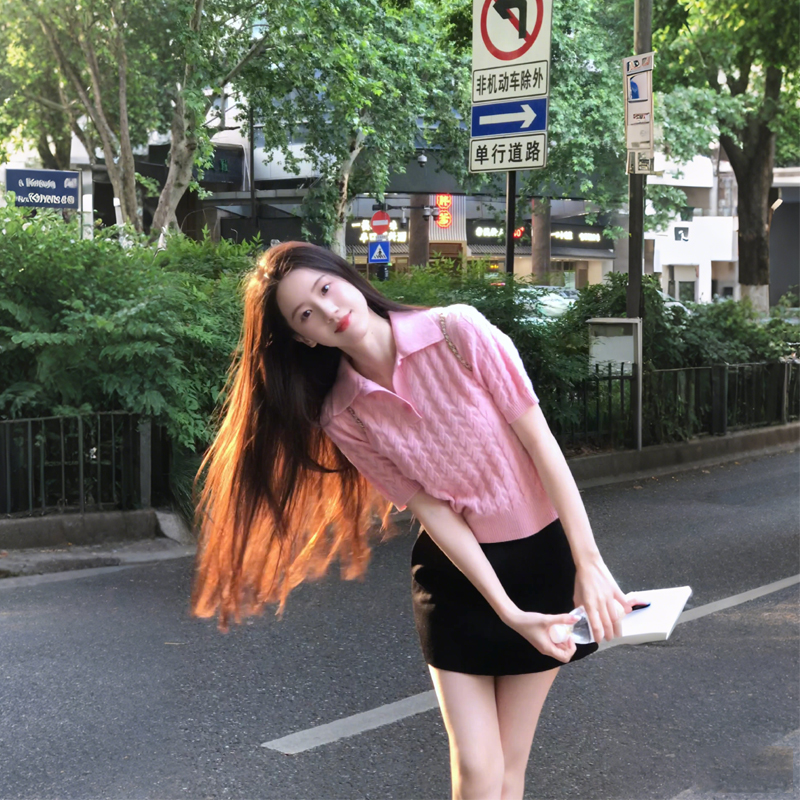粉色polo领麻花针织短袖t恤女