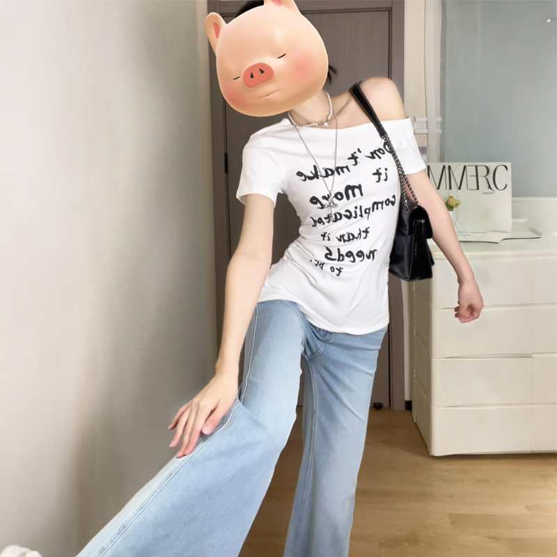 美式复古斜肩字母印花短袖t恤女