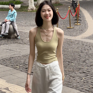 绿色带胸垫挂脖吊带背心女夏外穿设计感小众修身 上衣 辣妹短款 无袖