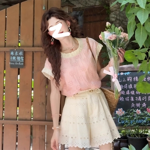 雪纺小衫 法式 新款 高级感甜美花边粉色小飞袖 设计感小众 上衣女夏季