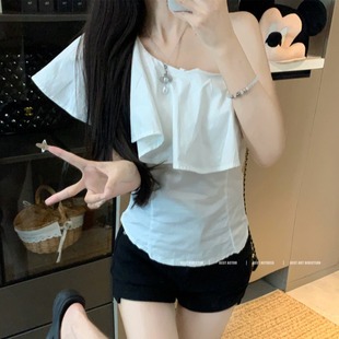 收腰显瘦绝美上衣 韩系辣妹白色荷叶边斜肩短袖 衬衫 女夏季 2025新款