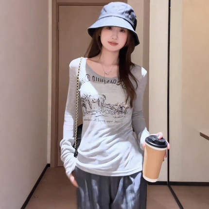 韩版字母印花灰色薄款长袖T恤女夏季设计感小众微透外搭防晒上衣