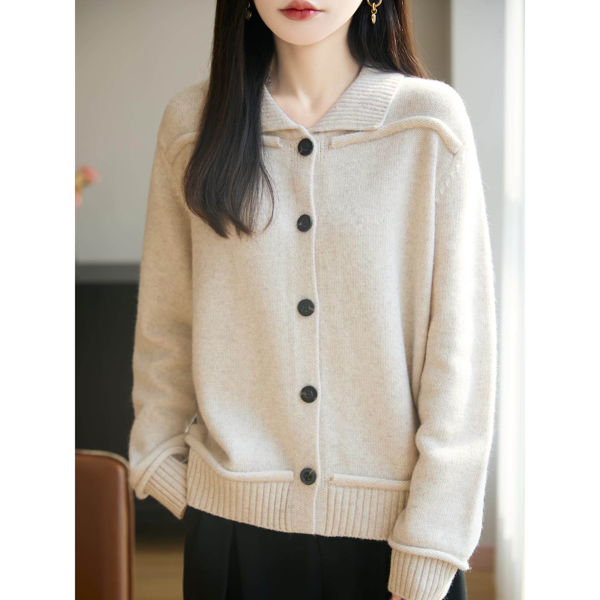 MONLOUVE加厚翻领纽扣针织开衫外套女25秋冬洋气大码女装上衣保暖