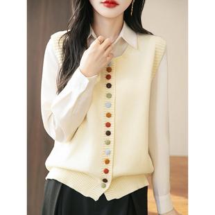 MONLOUVE法式彩扣100纯针织马甲女2025秋新款坎肩背心时尚叠穿外