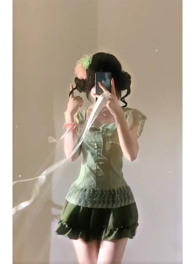 绿色甜美套装女夏泡泡袖蕾丝拼接荷叶边上衣高腰罗莉塔短裙两件套