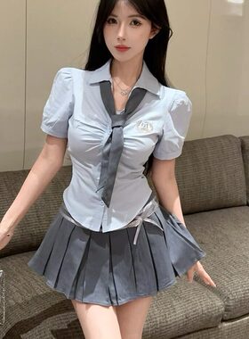 学院风jk制服纯欲辣妹褶皱修身减龄显瘦收腰衬衫高腰百褶裙套装夏