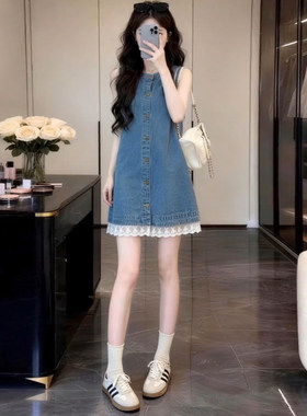 港风小个子复古牛仔连衣裙女夏季新款高级感气质显瘦花边背心短裙