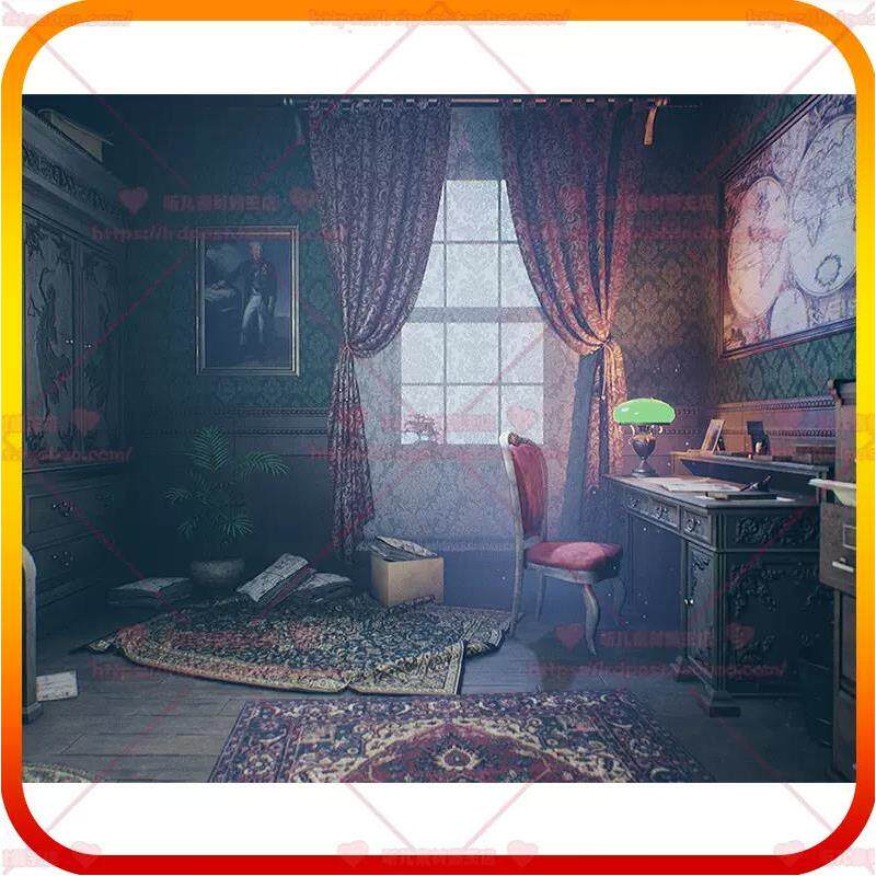 UE4 虚幻5 维多利亚房屋住宅桌椅书柜窗帘地毯名画室内场景3D模型