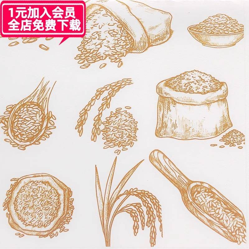 40-农作物稻谷水稻大米粮食稻穗小麦插画素描线描线稿矢量AI素材