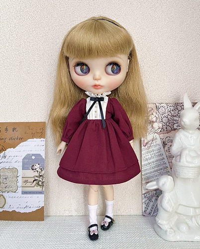 blythe小布娃娃衣服azone ob24 经典复古纯色连衣裙