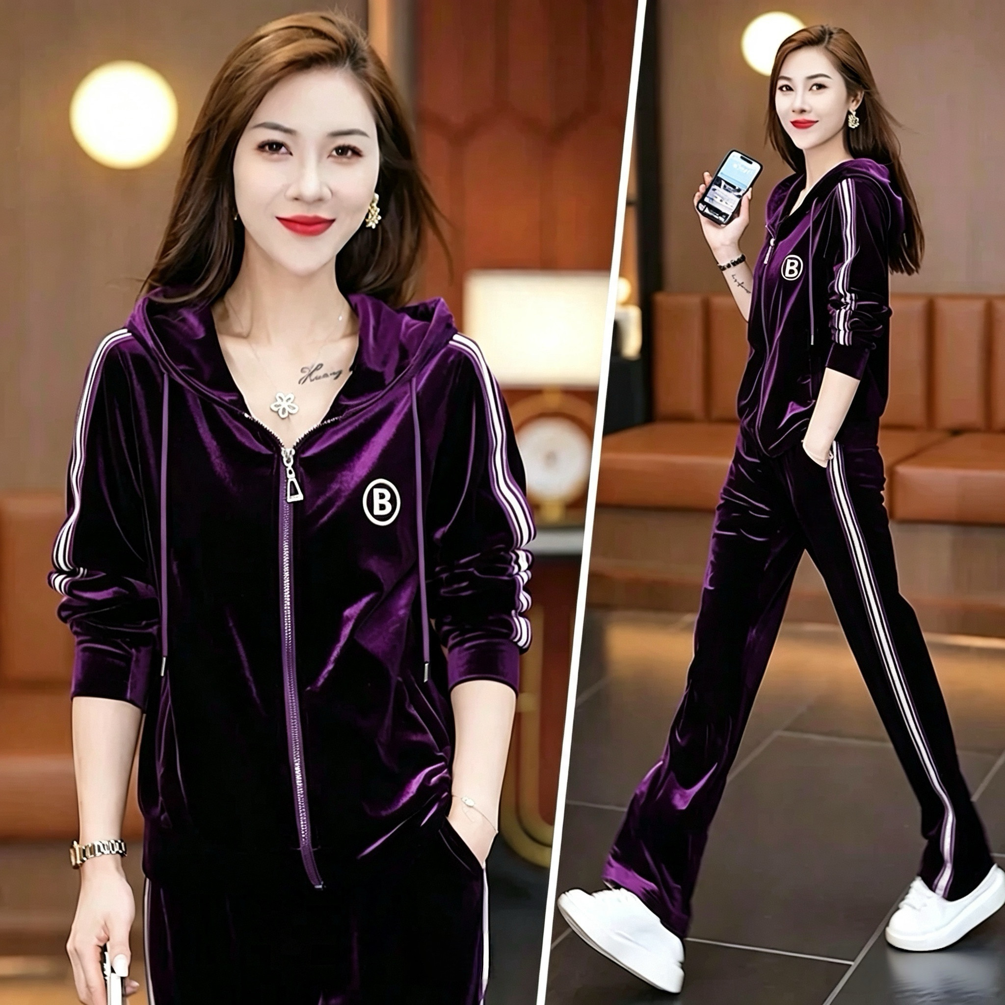 高端金丝绒运动休闲服套装女春秋中年妈妈开衫连帽卫衣长裤两件套