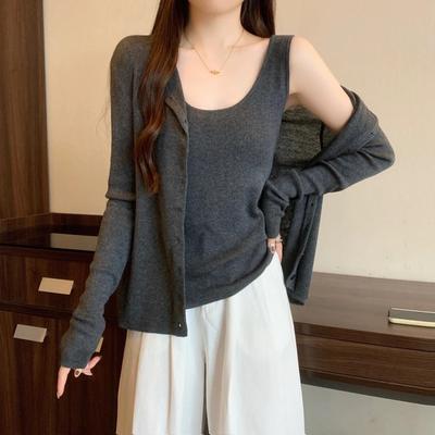 胖mm大码高级灰色吊带背心长袖开衫两件套女秋季新款穿搭一整套装