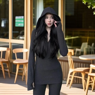 深灰色修身显瘦运动套装女秋季新款V领连帽卫衣休闲喇叭裤两件套