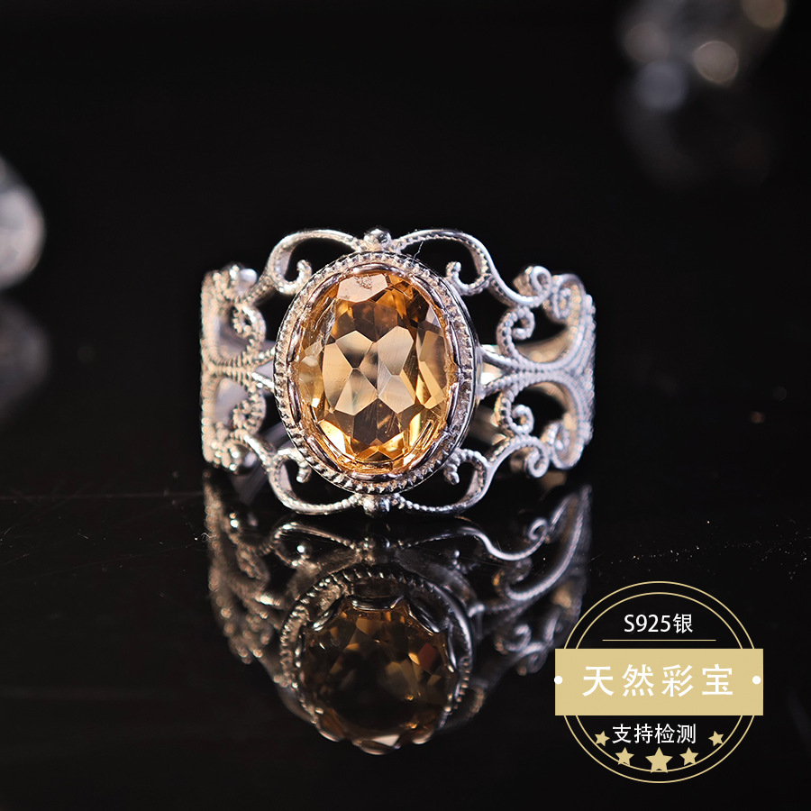 复古文艺民族风镂空9mm黄水晶蛋面戒指S925纯银镶嵌时尚百搭戒指