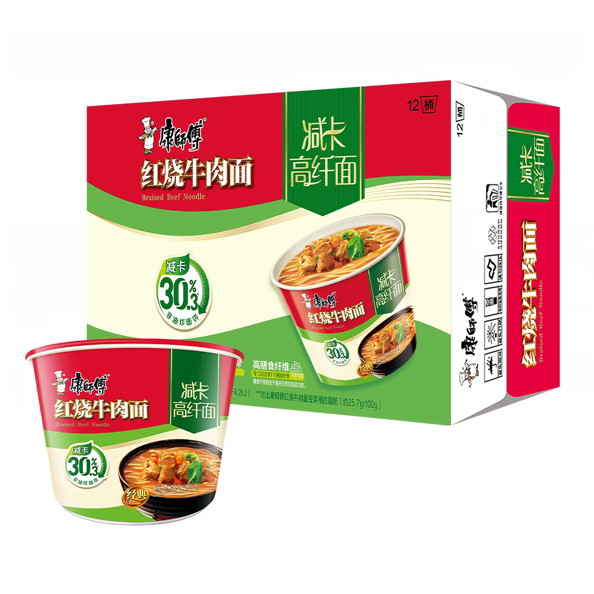 康师傅非油炸减卡高纤红烧牛肉面高膳食纤维低卡路里泡面整箱包邮
