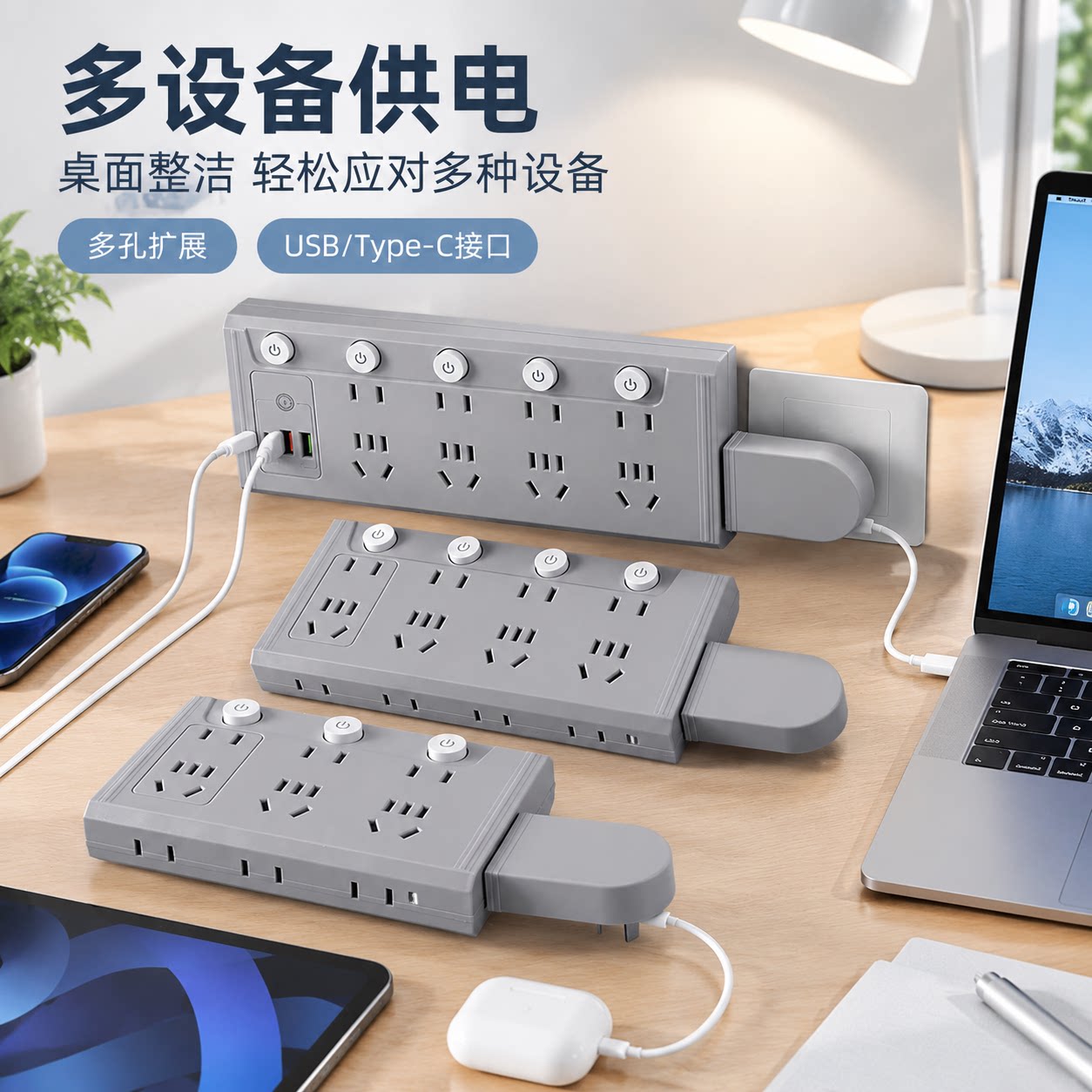 官方正品公矢USB插座旋转插排家用宿舍办公桌面条形接线板转换器