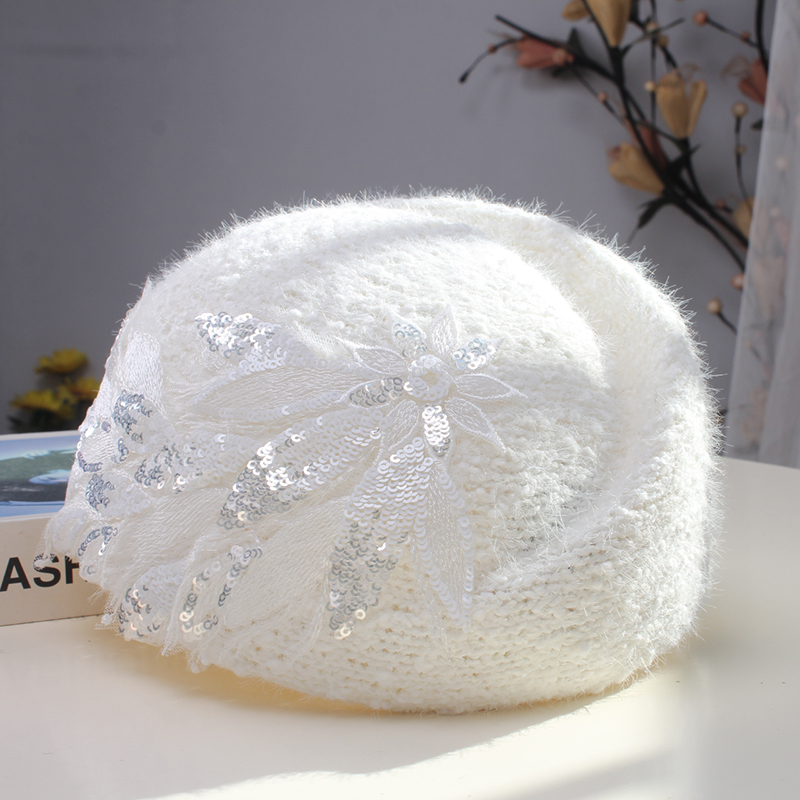 花朵蓝色针织贝雷帽文艺画家帽