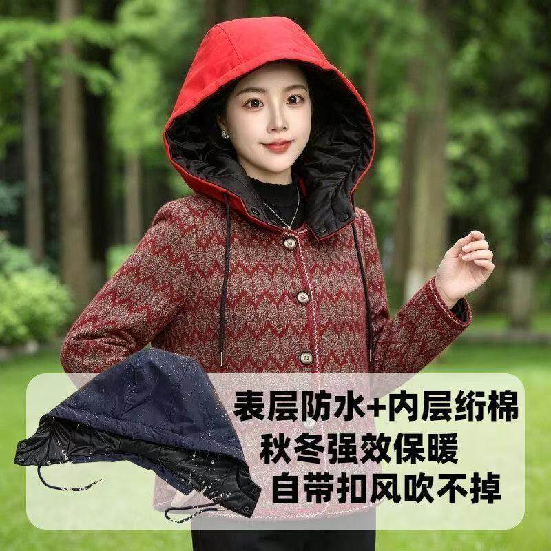 防水连帽棉服女秋冬加厚保暖可拆卸防风帽子洋气
