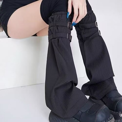 简约黑色过膝袜套女秋季皮扣装饰堆堆长筒袜y2k风