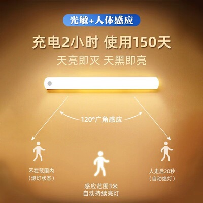 led人体感应灯充电酒柜橱柜鞋柜衣柜磁吸长条小夜灯带跨境