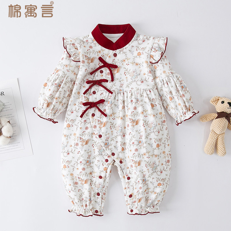 纯棉婴儿连体衣哈衣春秋季满月宝宝衣服超萌女婴幼儿外出洋气秋装